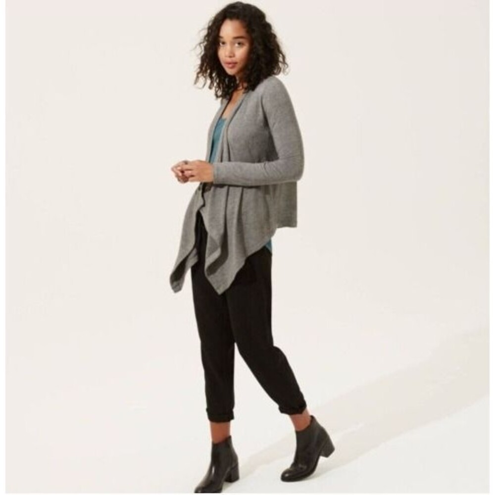 Lou & Grey Open Front Grey Waterfall Asymmetrical Cardigan Sweater Womens Medium